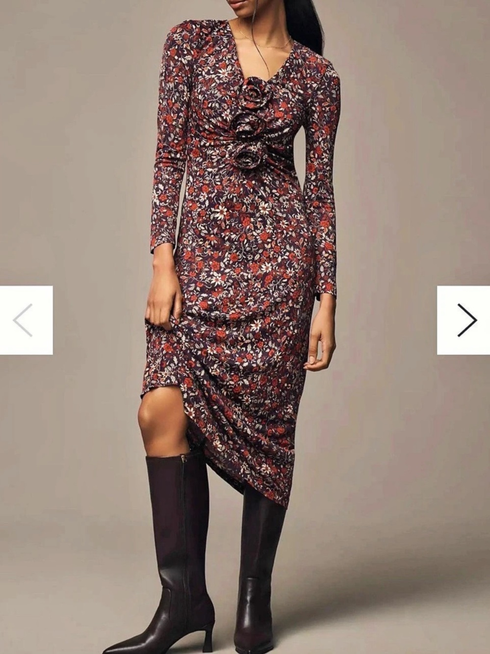FARM Rio Garden Silhouette Long Sleeve Dress Floral Midi Dress Red & Purple XS